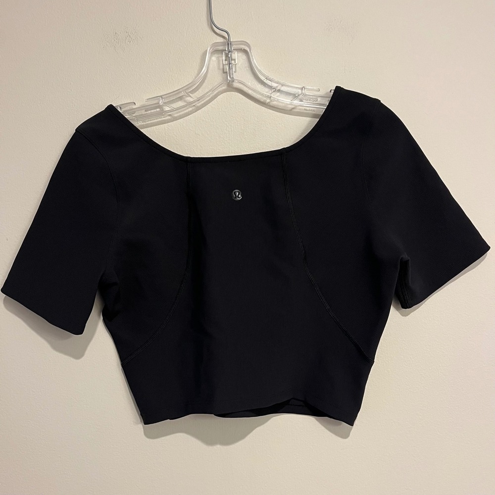Lululemon Shirt Short Sleeve Ribbed Contoured V Neck Yoga Black Luxtreme Medium - Picture 2 of 4